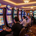 Players enjoying vibrant slot777 machines in a lively casino, with excitement and wins being celebrated.