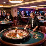 88betcom players enjoying a lively casino atmosphere with roulette wheel spinning.