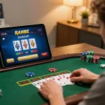 Player interacting with nhà cái 88aa blackjack game on a tablet in a cozy home office setting