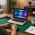 Engage in online poker strategy at 77WIN with this inviting home gaming setup.