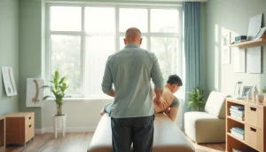 Chiropractor performing back pain relief adjustments in a calm clinic.