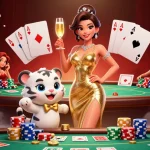 Experience royal casino excitement with a glamorous woman and a lucky tiger cub surrounded by poker elements.