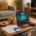Person enjoying online casino gameplay with rokok88 app on laptop in cozy home setting.
