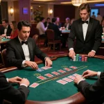 Suasana menarik di meja blackjack kasino mewah saat pemain memasang taruhan dan menikmati paris888 daftar.