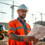 New Jersey General Contractor reviewing plans on an active construction site along with heavy machinery.