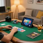 FLY88 gaming enthusiast engaged in online poker session, showcasing excitement and strategic play.