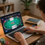 Player interacting with rokok88 online poker game, enjoying a cozy home atmosphere with focused strategy