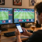 Placing sports bets on Net88 using smartphone while engaged with live game on TV.