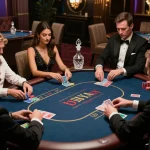 High-stakes poker action featuring j88 players in a luxurious VIP gaming room with elegant decor.