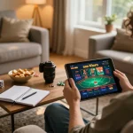 Engaging with the Trang chủ casino app for online gaming in a cozy home.