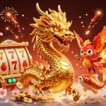 NAGA2000 menampilkan naga emas dan phoenix dalam pemandangan bertema kasino yang hidup, menampilkan slot dan keberuntungan.