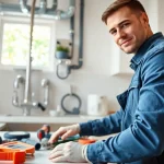 Efficient plumber near me fixing a sink in a modern kitchen.