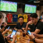 Fans discussing live sports betting strategies using the keonhacai8 app in a lively bar.