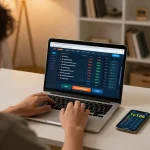 Kèo nhà cái hôm nay featuring a person engaged in sports betting online with a laptop and mobile device in a cozy home setting.