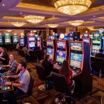 Players enjoying vibrant slot888 games, celebrating wins with excitement and energy in a lively casino atmosphere.