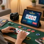Engaging in strategic online casino gameplay featuring 789 in a cozy home environment.