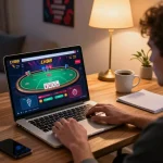 Player engaging with the LV88 casino online, showcasing poker game strategy in a cozy setup.