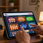 Player engaging with rik vip online casino on tablet, showcasing various game options in a cozy home setting