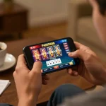 Engaging in Paris888 daftar through mobile gaming, with strategic gameplay visible on smartphone screen, reflective of casino excitement.
