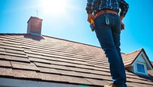 Roofing company expert installing shingles on a house, showcasing craftsmanship and quality service.