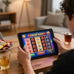 Player enjoying a slot gacor maxwin game on a tablet in a cozy home setting