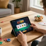 Player enjoying the LC88 online casino app with poker chips and cards in a cozy setting