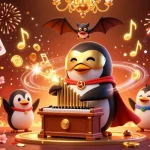 Engage in thrilling gameplay at ok365ok with the vibrant casino scene featuring a penguin organist and golden coins.