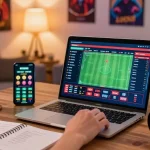 LUCK8 online betting experience with a person engaged in sports wagering at home, showcasing excitement and comfort.