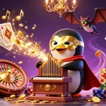 Experience thrilling winnings with ok365, featuring a penguin playing an organ amidst flying coins and roulette.