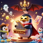 Engage with ku88's thrilling casino vibes, featuring a playful penguin organist surrounded by dynamic game elements.