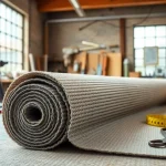 Evaluate fiberglass matting in a workshop setting with detailed textures and tools around.