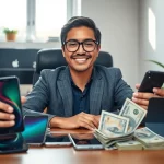Sell Phone Today Cash concept with cash and smartphones at a modern desk