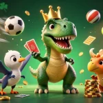 Experience the excitement of the 9bet app with a fun illustration of a T-Rex and friends in a dynamic casino setting.