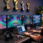 Exciting hm88 online gaming scene with multiple screens showing casino games.