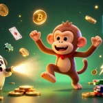 Engage with judi slot as mischievous poltergeist monkey juggles gold coins in a vibrant casino scene.