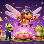 88vv bet illustration capturing a lively casino scene with a dragonfly pilot and frog croupier.