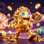 Take chances with tg88, a captivating casino scene featuring a golden golem amidst lottery balls and a prize wheel.