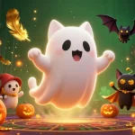 Zbet com showcases playful ghost cat and vampire bat in a vibrant haunted casino scene.