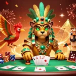 Engage with fabet's dynamic poker scene featuring a Mayan priest and vibrant casino elements.