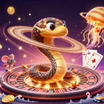 Experience thrilling LV88 gameplay with cartoon characters around a cosmic roulette wheel.