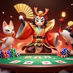 Engage in thrilling poker action with Fabet's vibrant 3D illustration featuring kabuki warrior elements.