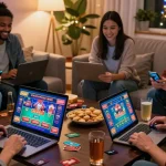 Friends enjoying online gaming at credit card casinos while visiting https://crownwoods.org.uk, showcasing excitement and social interaction.