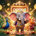 Experience zbet excitement with a vibrant 3D illustration of an elephant, peacock, and slot machine.
