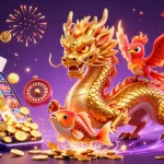 Experience the vibrant action of s666 with a golden dragon, phoenix, and koi in this dynamic casino scene.