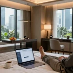 rokok88 login on a laptop in a luxurious hotel room at ROKOK88, Jakarta