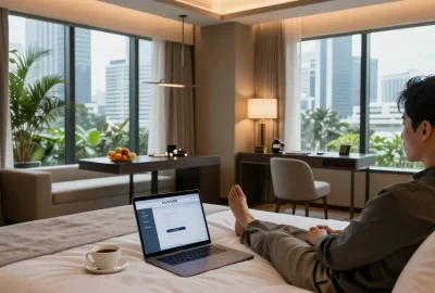 rokok88 login on a laptop in a luxurious hotel room at ROKOK88, Jakarta