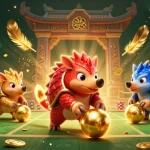 Engaging illustration of Khuyến Mãi Chào Mừng featuring cartoon pangolins competing on a casino-themed battlefield.