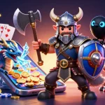 Win big with KK55's online casino magic including a Viking warrior, dragon, and epic game action.