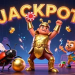 KO66 showcases a victorious beetle with poker chip amidst dazzling slot machines and vibrant casino elements.